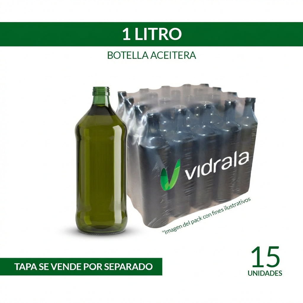 Botella de Vidrio Aceitera 1000 ml Verde Olivo Cilíndrica – Pack 15 Unidades