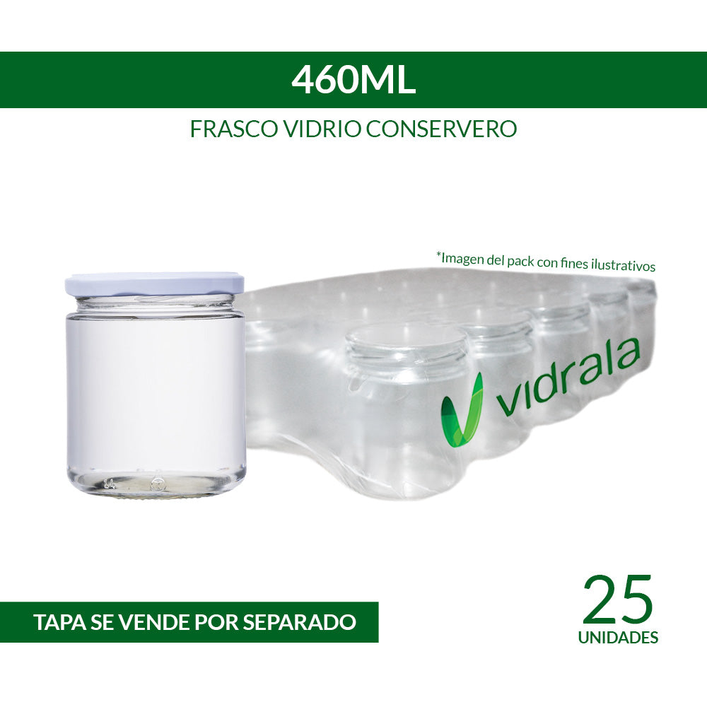 Frasco de Vidrio Conservero 460 ml Boca 82 mm – Pack 25 Unidades (Sin Tapa)