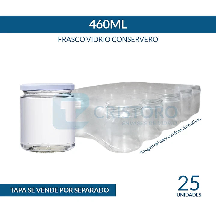 Frasco de Vidrio Conservero 460 ml Boca 82 mm – Pack 25 Unidades (Sin Tapa)