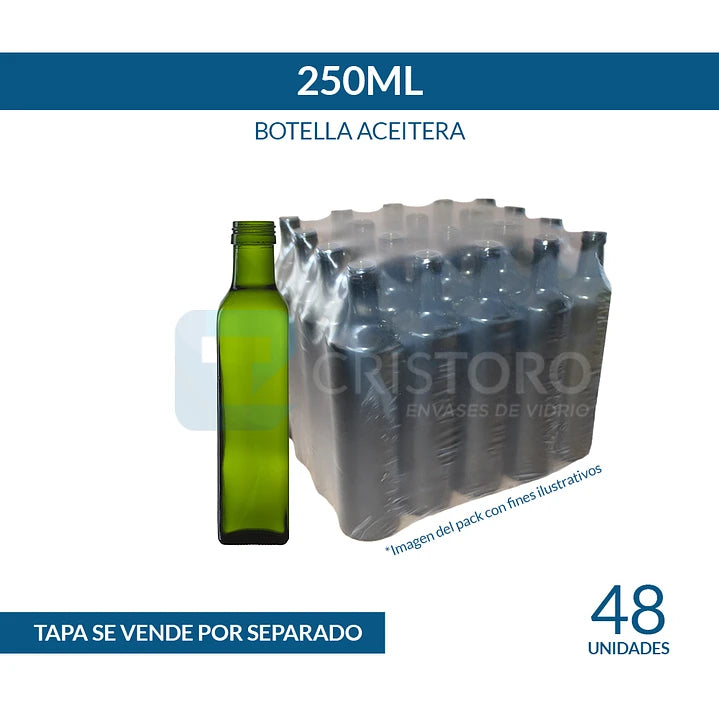 BOTELLA VIDRIO ACEITERA 250ml CUADRADA  - PACK 48 UND.