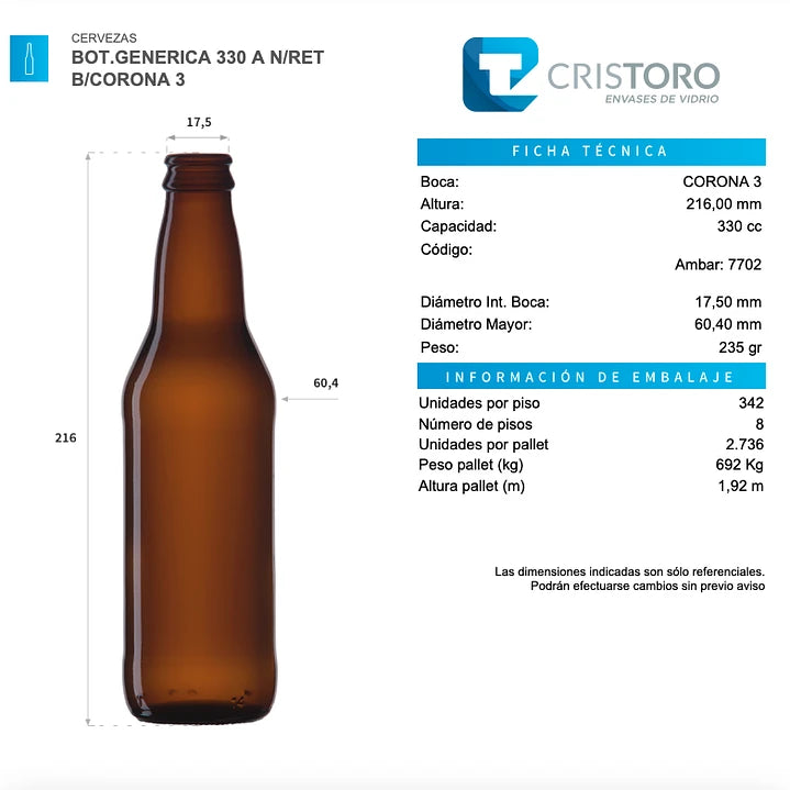 BOTELLA VIDRIO PARA CERVEZA 330ml BAVIERA - PACK 30 UND.