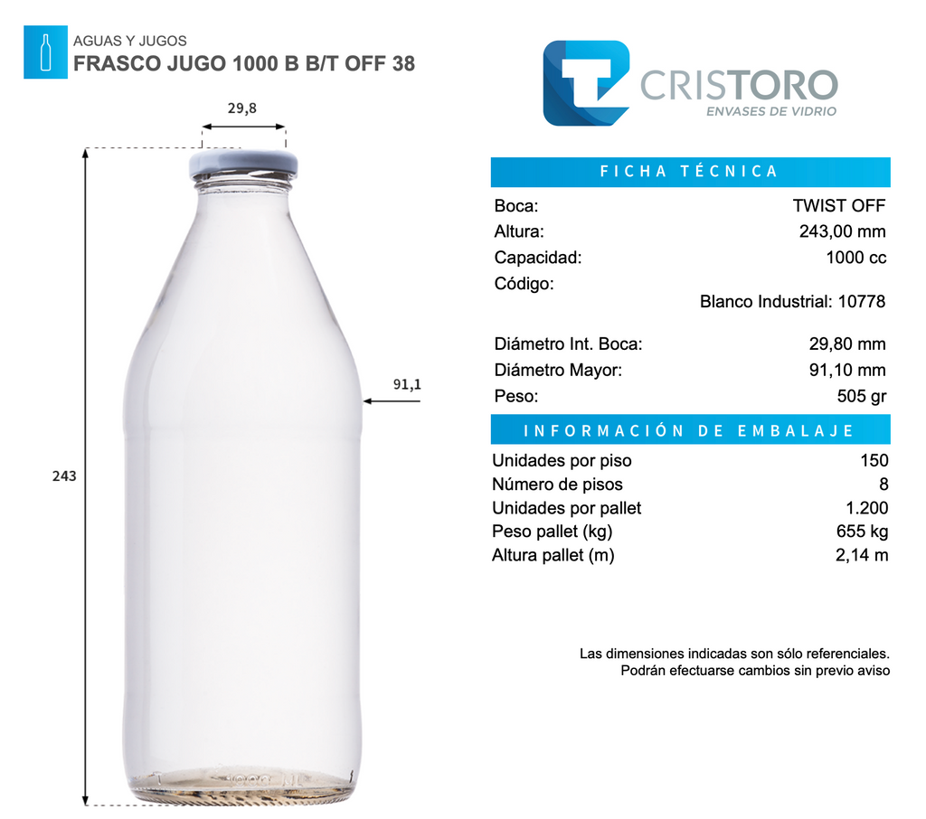 FRASCO VIDRIO JUGO 1 Litro - PACK 16 UND.