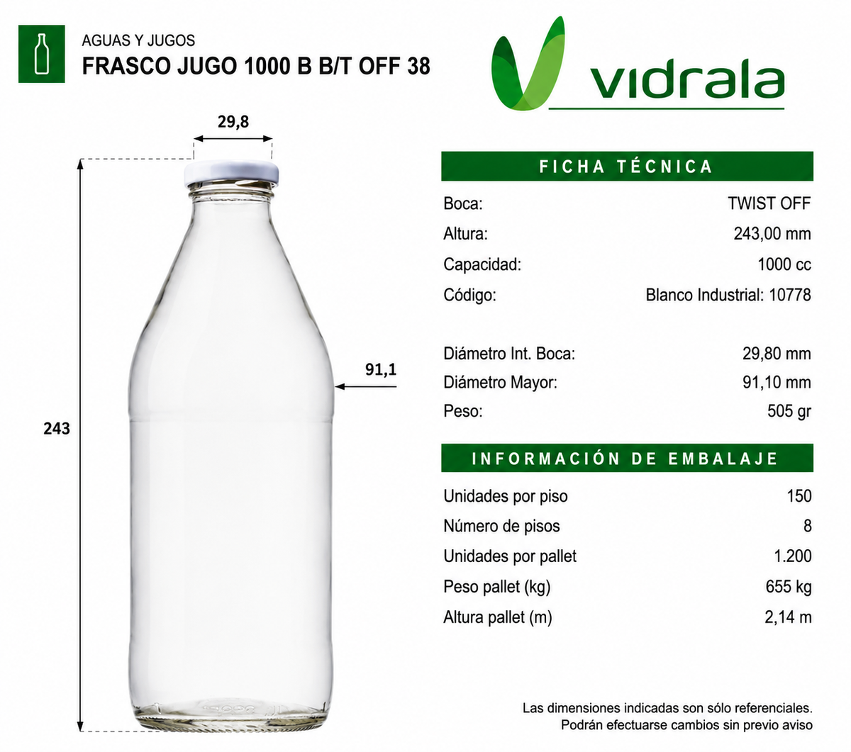 FRASCO VIDRIO JUGO 1 Litro - PACK 16 UND.