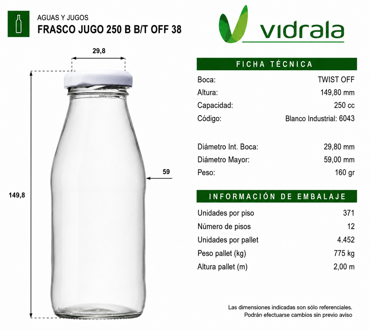 FRASCO VIDRIO JUGO 250ml - PACK 39 UND.