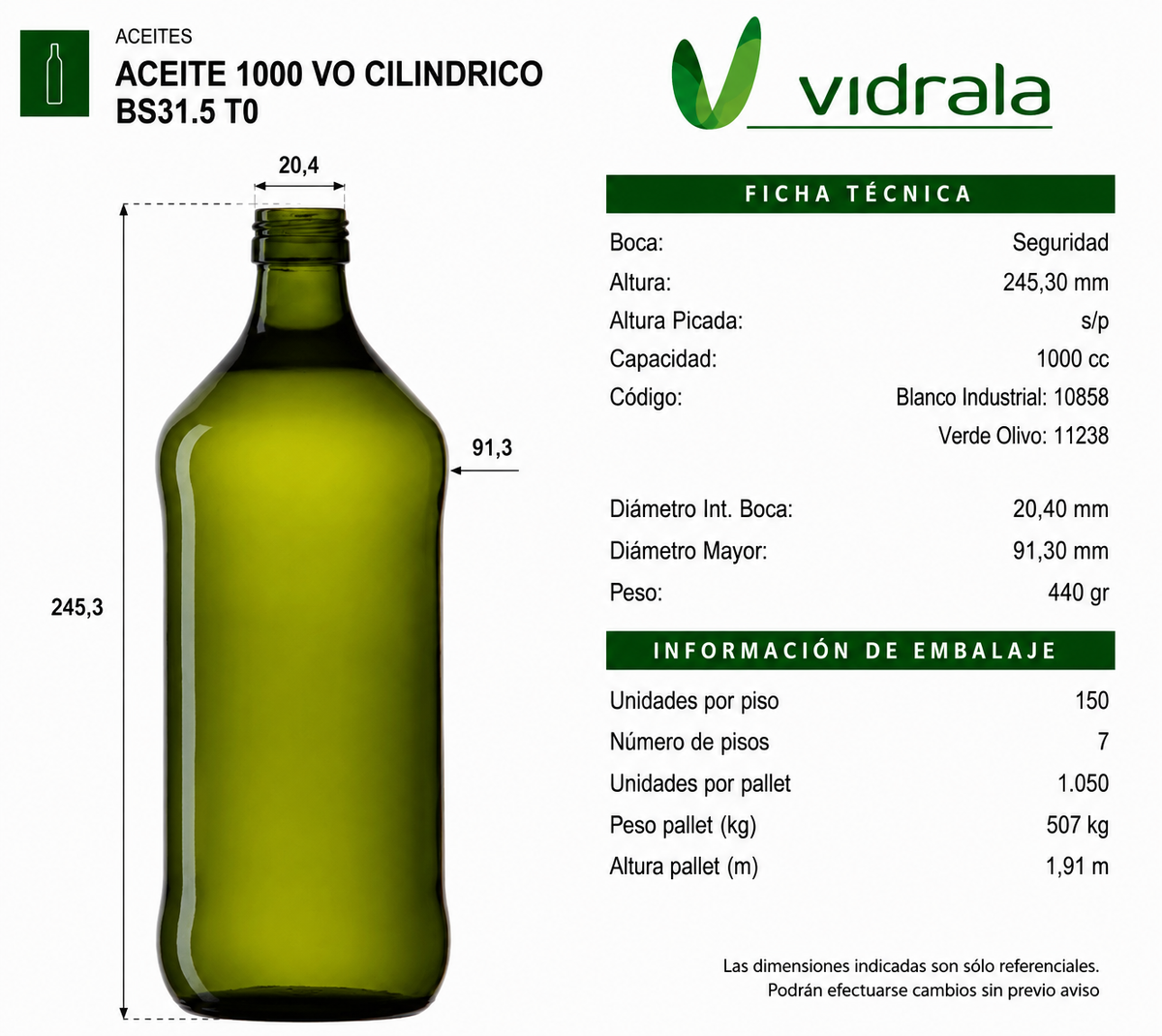 Botella de Vidrio Aceitera 1000 ml Verde Olivo Cilíndrica – Pack 15 Unidades