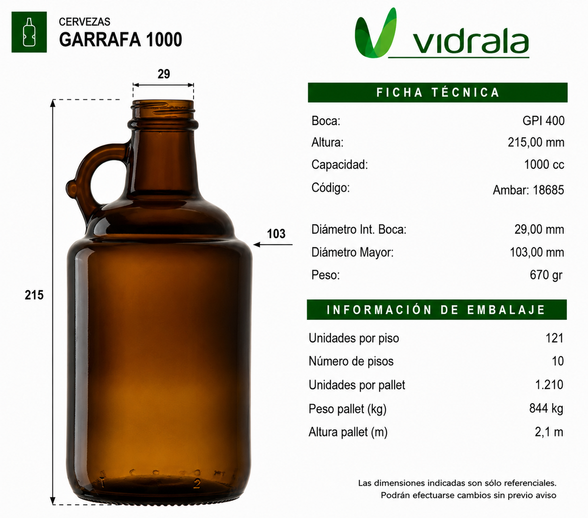 BOTELLA VIDRIO 1 Litro GROWLER AMBAR   - PACK 12 UND.
