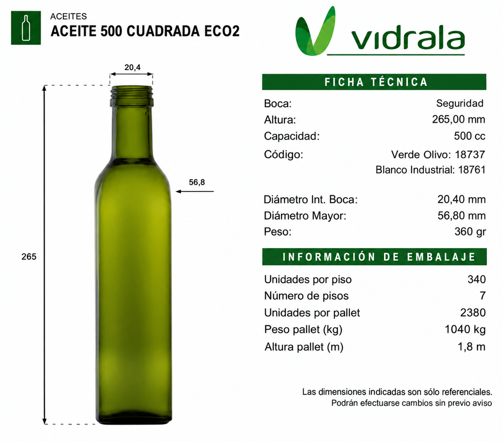 BOTELLA VIDRIO ACEITERA 500ml CUADRADA - PACK 35 UND.