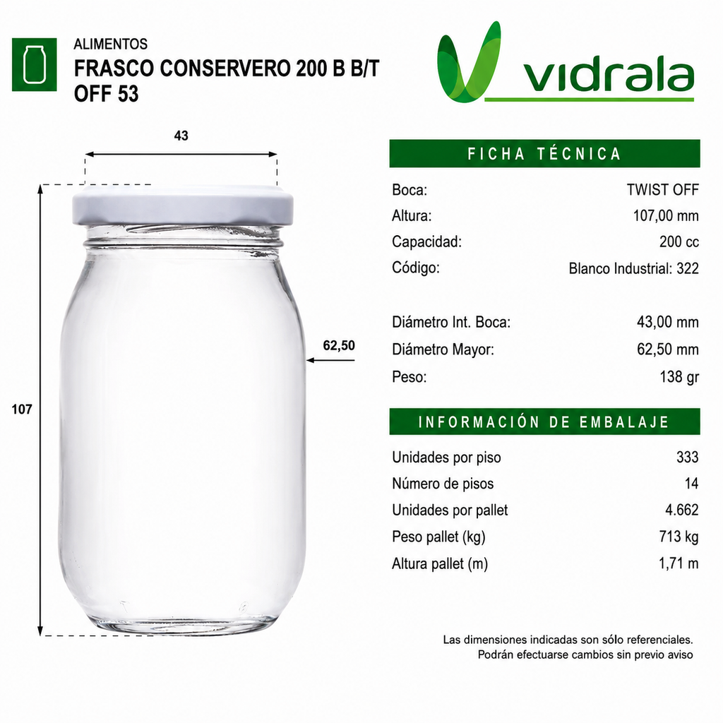 FRASCO VIDRIO CONSERVERO 200ml - PACK 36 UND.