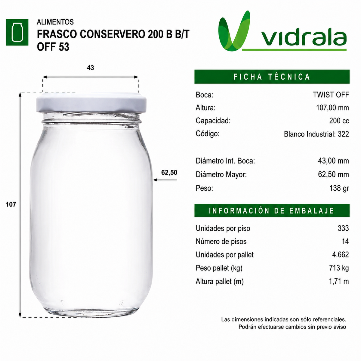 FRASCO VIDRIO CONSERVERO 200ml - PACK 36 UND.