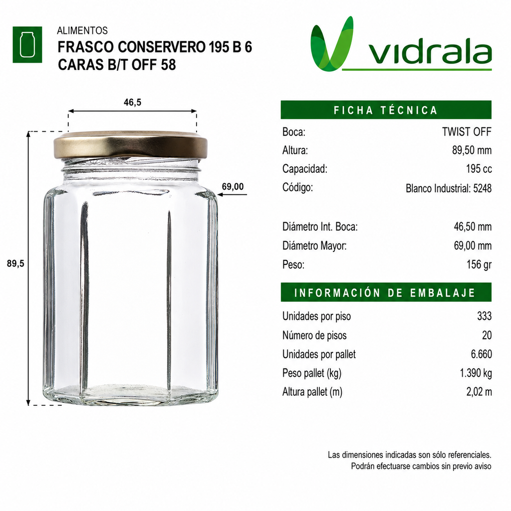 FRASCO CONSERVERO 195ml 6 CARAS B/AXIAL - PACK 30 UND.