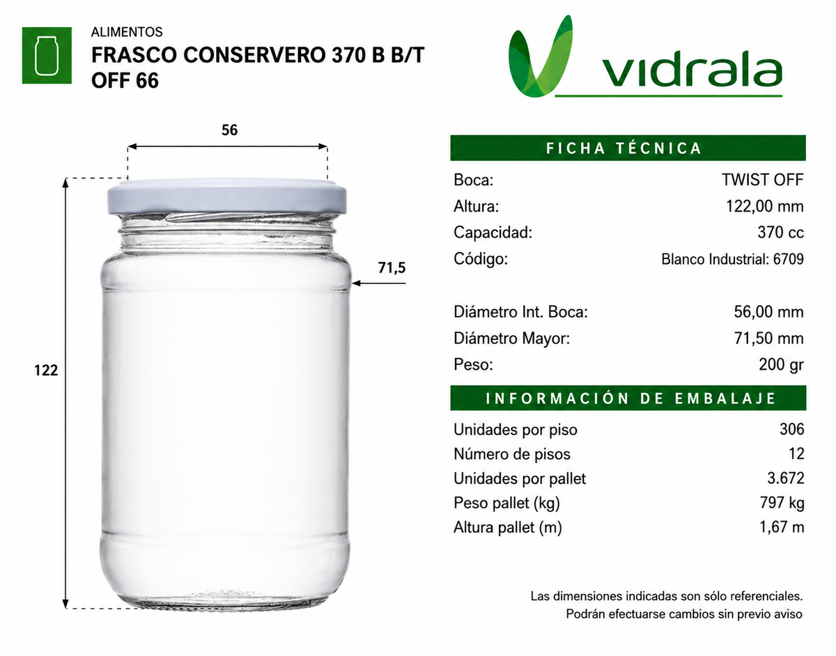 FRASCO VIDRIO CONSERVERO 370ml - PACK 28 UND.