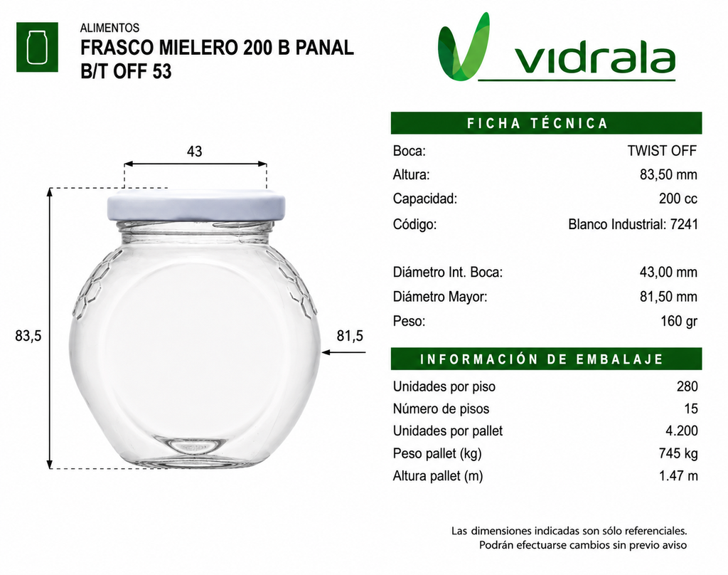 FRASCO CONSERVERO MIELERO PANAL 200ml  - PACK 30 UND