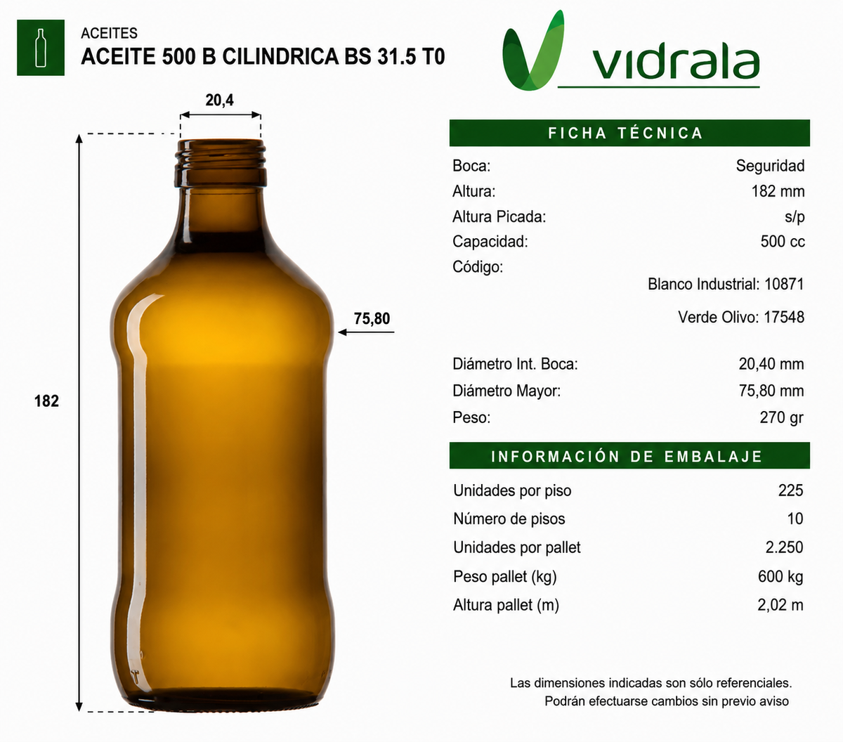 BOTELLA VIDRIO ACEITERA 500ml CILÍNDRICA - PACK 20 UND.