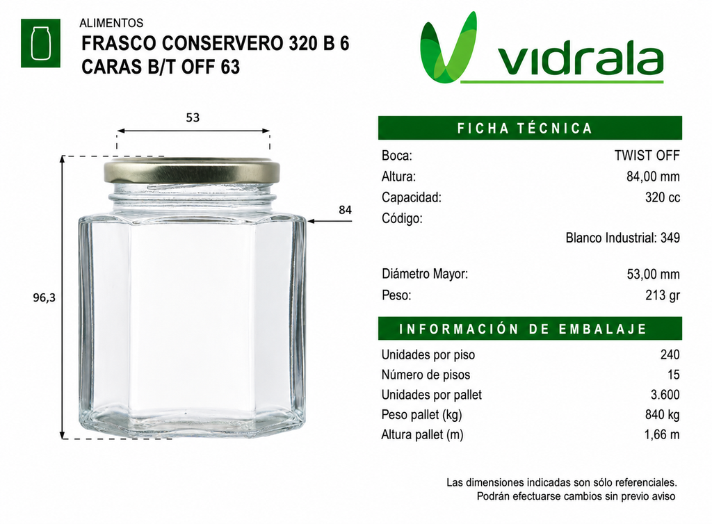 FRASCO VIDRIO CONSERVERO 6 CARAS 320ml - PACK 25 UND.