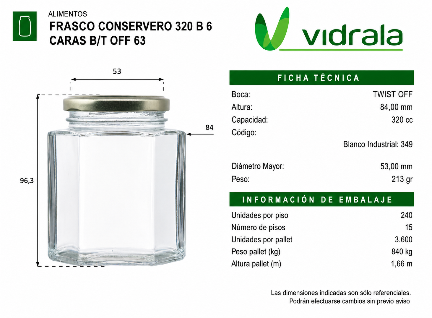 FRASCO VIDRIO CONSERVERO 6 CARAS 320ml - PACK 25 UND.