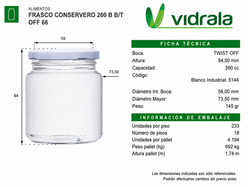 FRASCO VIDRIO CONSERVERO 260ml - PACK 36 UND.