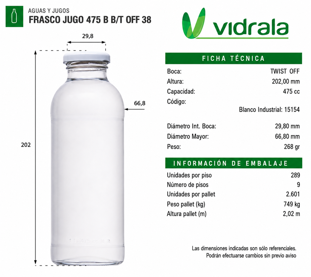 FRASCO DE VIDRIO PARA JUGO 475ml - PACK 30 UND.
