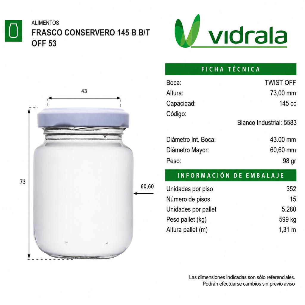 FRASCO VIDRIO CONSERVERO 145ml - PACK 36 UND.