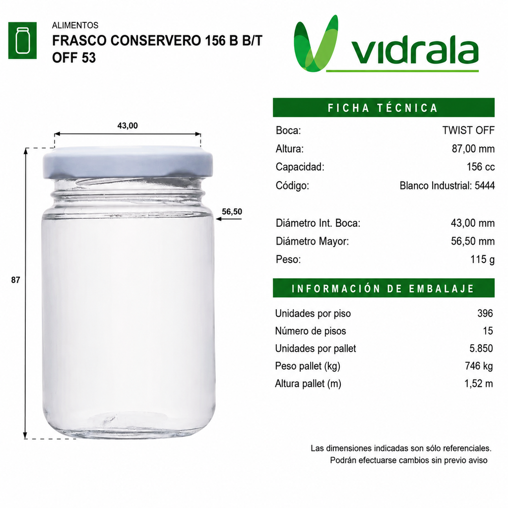 FRASCO VIDRIO CONSERVERO 156ml - PACK 36 UND.