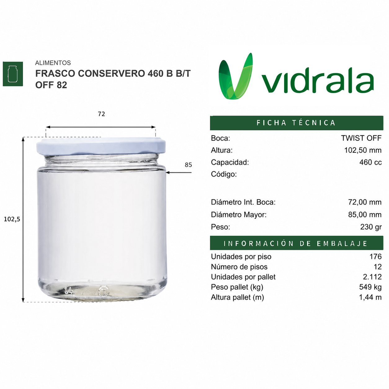 Frasco de Vidrio Conservero 460 ml Boca 82 mm – Pack 25 Unidades (Sin Tapa)